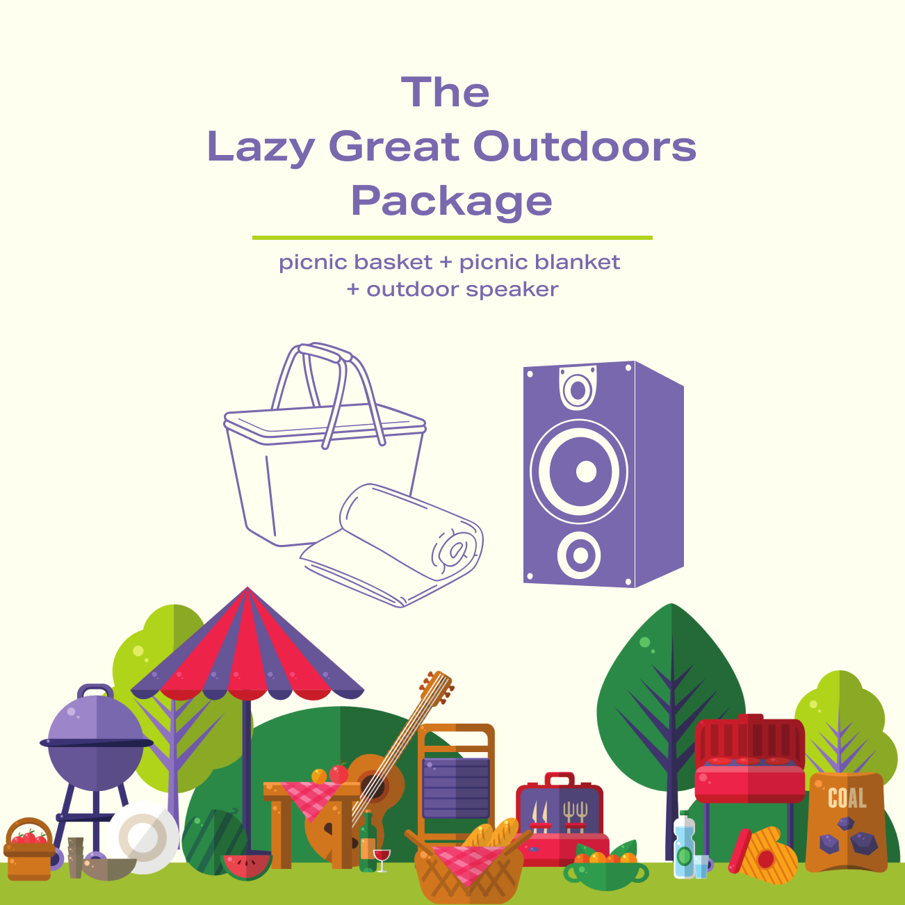 The Lazy Great Outdoors Package - picnic basket, picnic blanket, and outdoor speaker